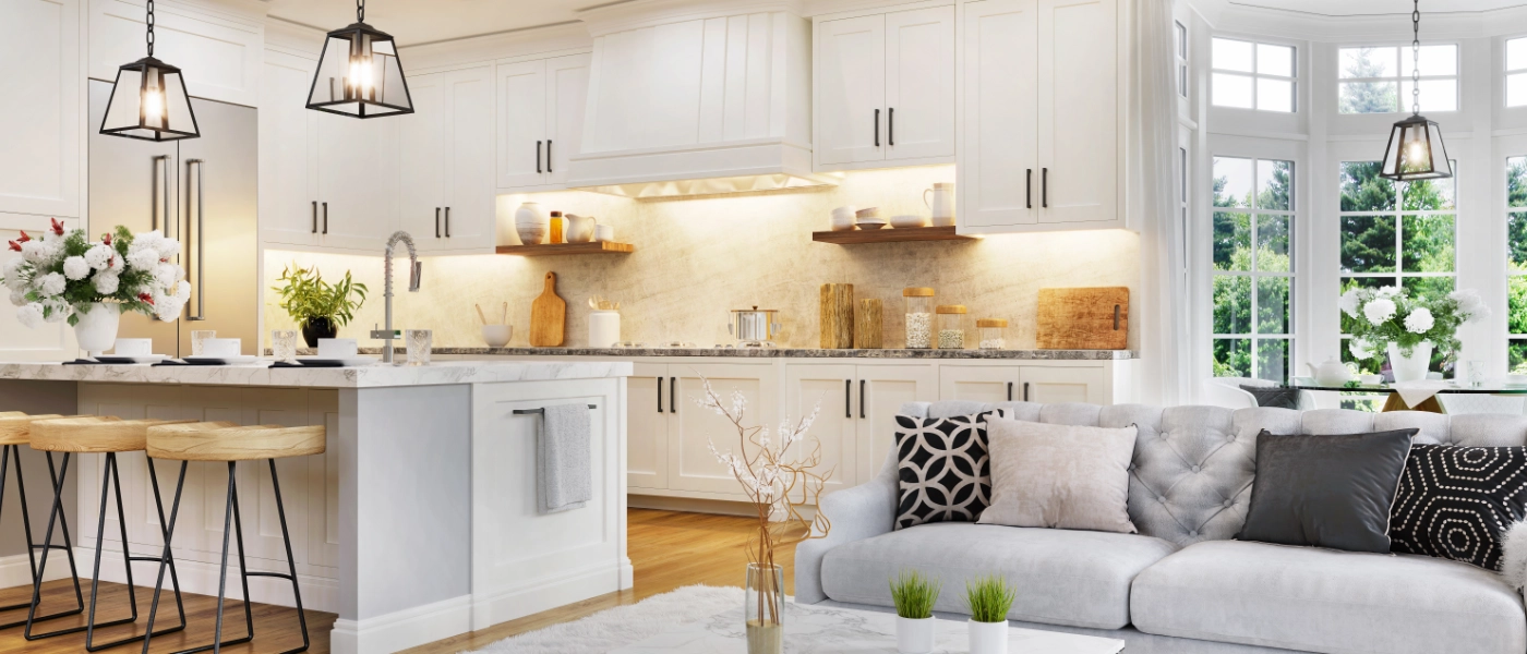 the interior of a clean and modern kitchen and living room