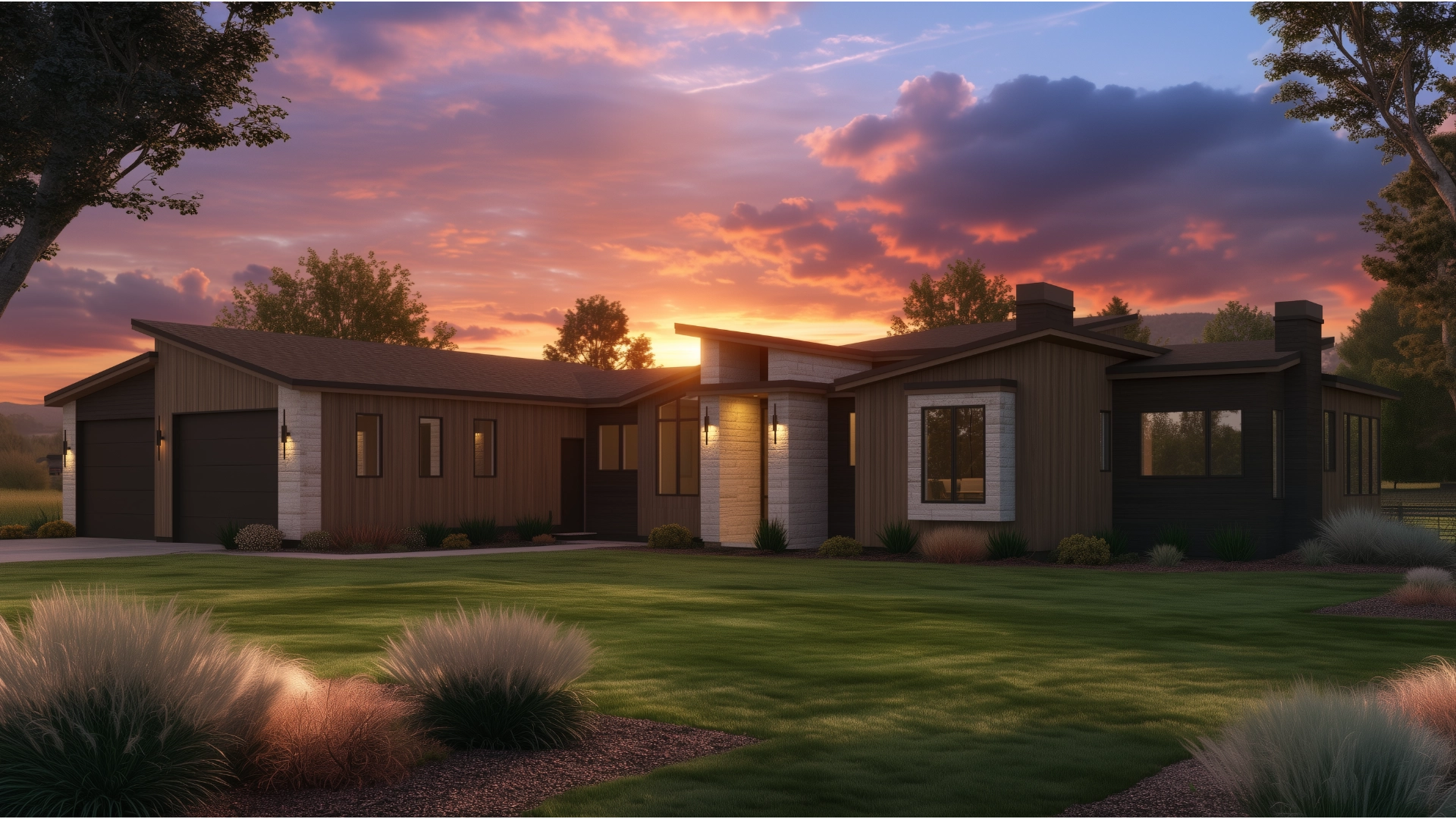 A rendering of a large one-story concept house in front of a sunset