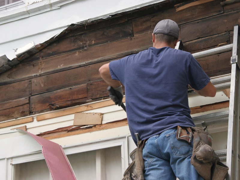 A worker stripping the surface of a wooden wall